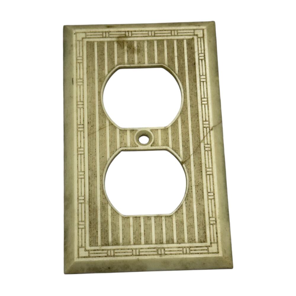 Vintage Bamboo Duplex Outlet Wall Plate 2pc Set Ivory Geometric Retro Home Decor - Picture 2 of 6